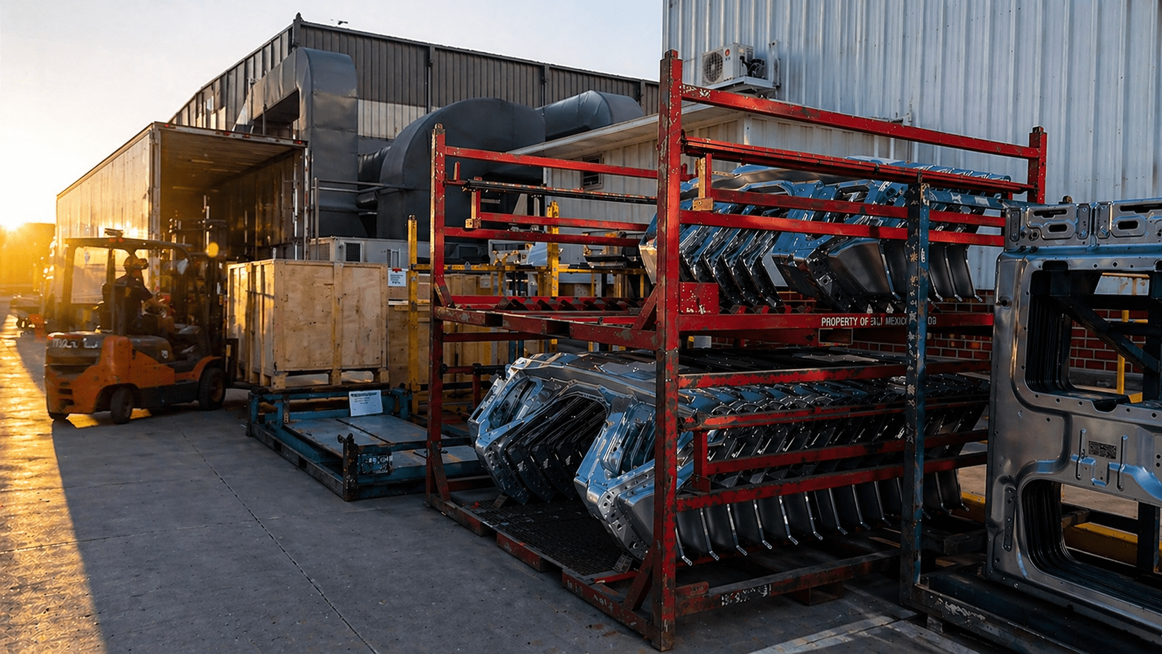 Automotive Parts Export Logistics from Mexico to South Korea Automotive parts staged for international export shipment from Mexico to South Korea in industrial logistics yard